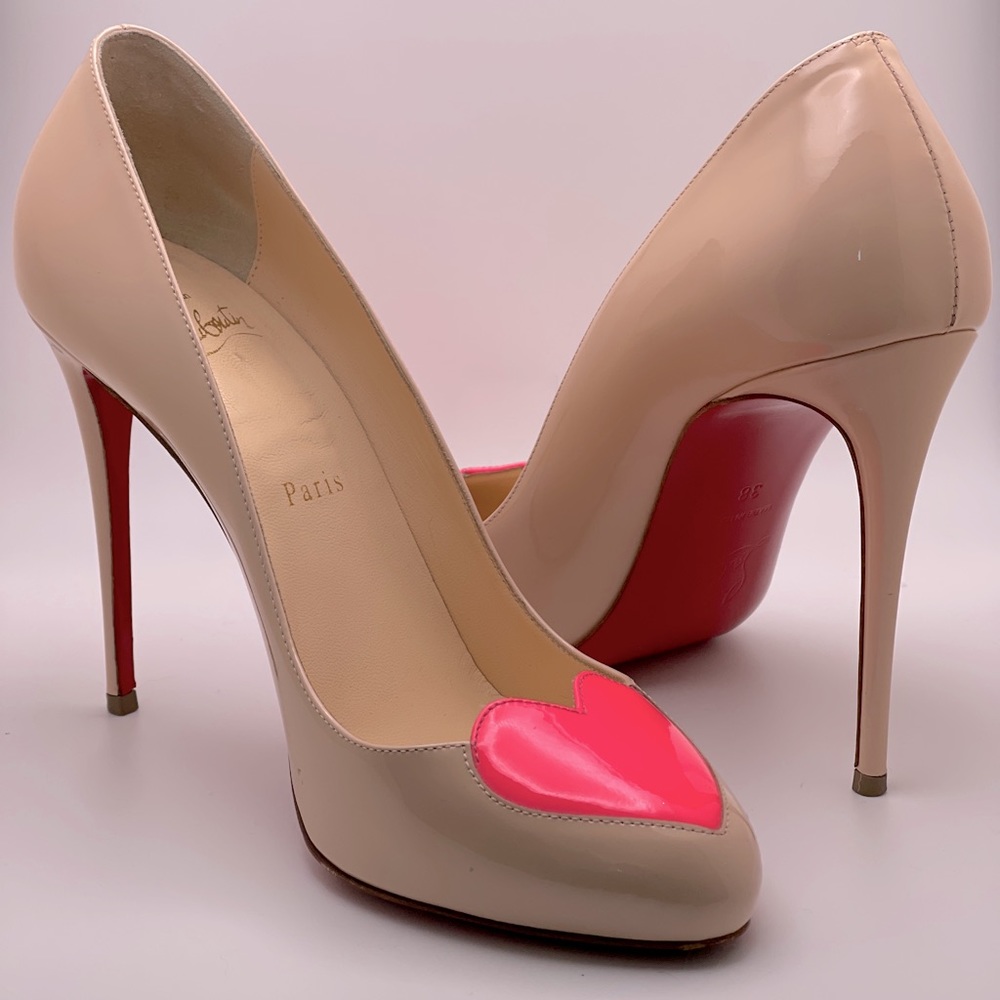 SOLD - Louboutin Beige Patent Leather Doracora Heart Pumps